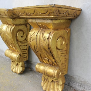 Two Massive Wooden Shelves, a Set Golden Acanthus Scroll Console, Wall Mounted Corbels Fireplace Side Decor
