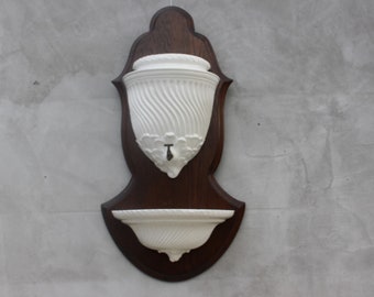 White Faience Wall Fountain , Made in Italy, Wall Hanging Garden Accessory Mounted on a Wooden Board