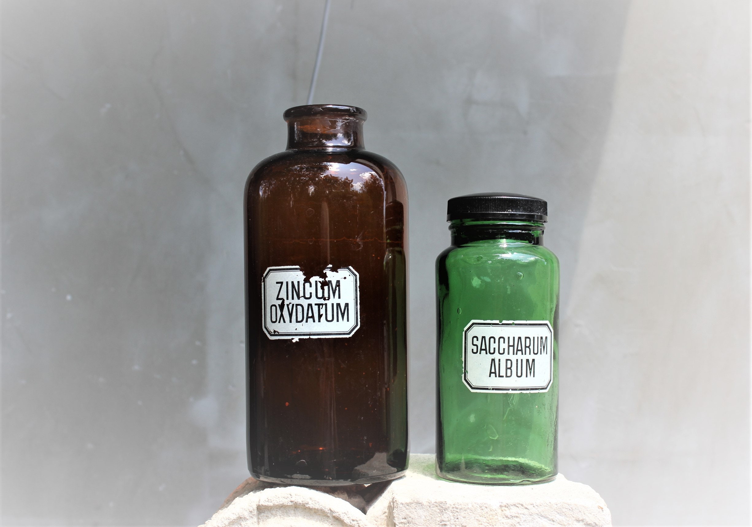 Two Big Vintage medicine Jars pharmacy jars Brown and Green Etsy