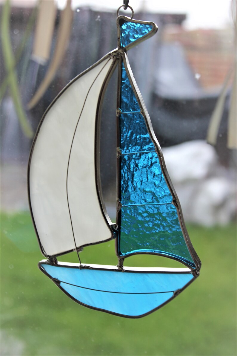 Vintage Glass Boat Hanging Decoration Stained Glass Sailboat Etsy