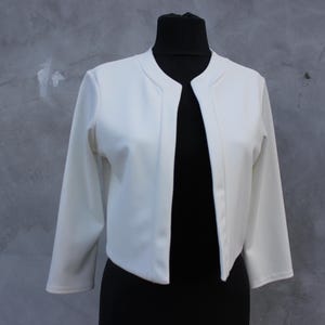 White Cropped Bolero Jacket Women Open Front Shrug Blazer, Long Sleeve Evening Cover Up, Minimalist Bridal Cardigan Size 10 UK