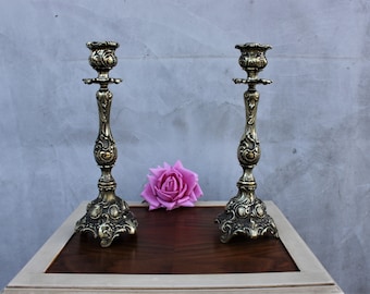 Two French Brass Candlesticks Mantle Baroque Candleholders Home decor Fireplace decor