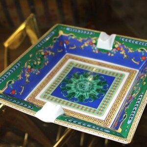 Vintage Cigar Porcelain Ashtray Versace Style Decoration in Blue Green and Gold Stylish Gift for Smokers
