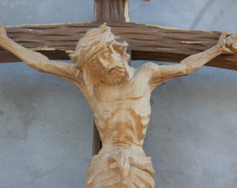 Hand-Carved Wooden Crucifix: Jesus Christ Sculpture, Christian Altar Art