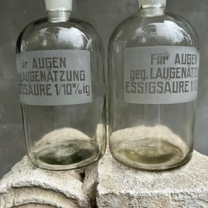 Two Vintage Clear Glass Apothecary Bottles, German Pharmacy Jars, Mid-Century Lab Decor