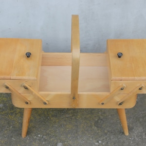 Wooden Storage Sewing Box, Vintage Cantilever Organizer on Legs, Gift for Granny, Mom or Craft Woman