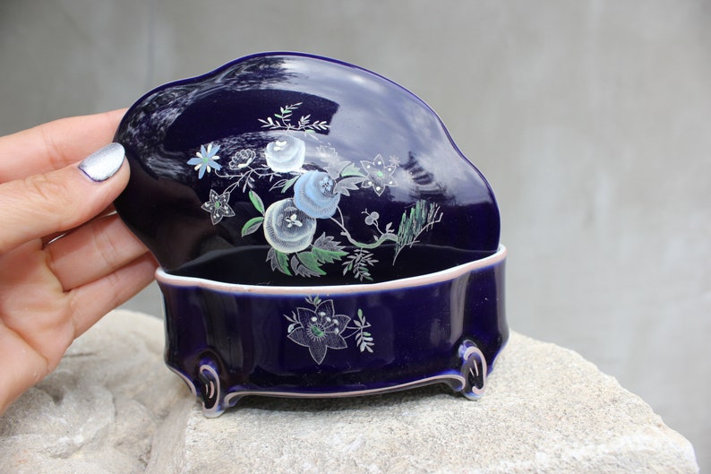 Vintage Porcelain Case Lid Jar Cobalt Blue Trinket Box marked Jlmenau Made in Germany