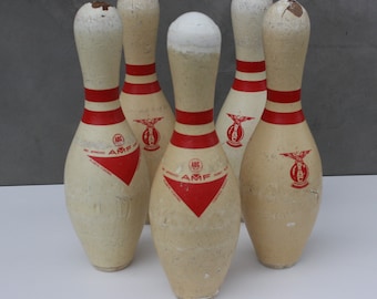 Set of 5 Bowling Pins Amflite , Actively Used Wooden, USA Plastic Coated Pins, Shop Window or Boutique Display Decor