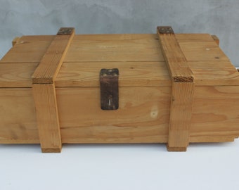 Vintage Wooden Primitive Storage Box Container with Leather hinges Man Garage Storage Box