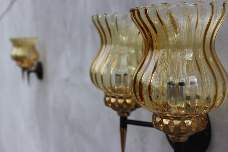 Vintage Set of Two Double Sconces Wall Lamps with Yellow Shades Mid century lighting