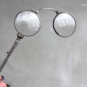 Lorgnette Folding Opera Glasses, Silver French Pair of Spectacles with a Handle, Vintage Collectable Retro Accessory
