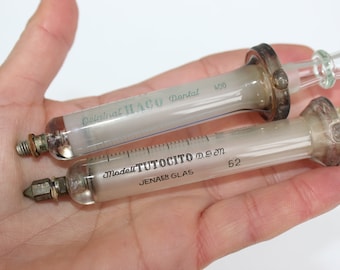 Two Vintage medical syringes Doctor tools Pharmacy glass syringe medical equipment Veterinary nurse medical assistant