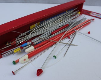 Vintage Knitting Kit for Beginners Needle Box Red Needles grand mother gift Lot knitting