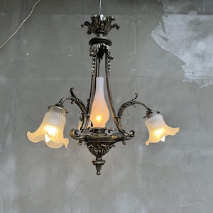Antique Bronze Chandelier: Rococo Frosted Glass Pendant Light