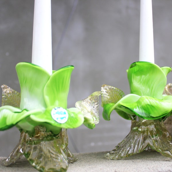 Green Flowers Murano Glass Candlesticks, a Pair of Rare Italian Design Candle Holders, Venetian Collectible Art Glass, Table Accent