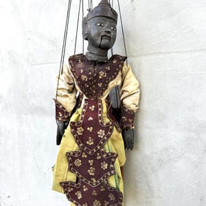 Antique Burmese Marionette Puppet Hand-Carved Teak Wood Doll Traditional Asian String Puppet Collectible Folk Art Decor