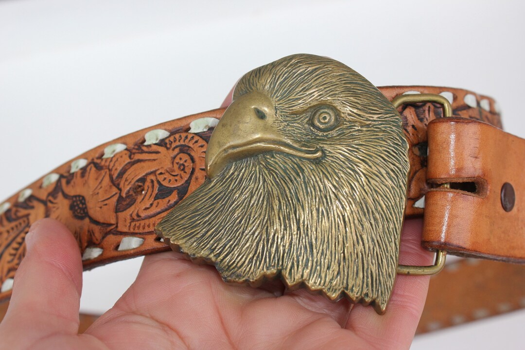 Gold Buckle Raptors Vintage Brown Leather Belt, Eagle Buckle Hide Strap, Chestnut Cowhide ...