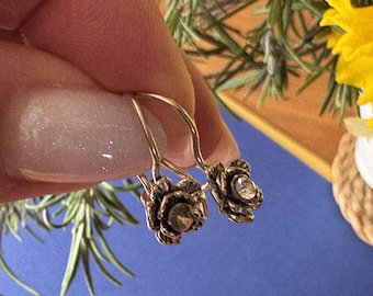 Silber Blumen Ohrringe, Vintage Sterling Haken Ohrringe mit Facettierten Steinen