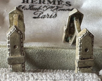 Hermès Sterling Silber Manschettenknöpfe Vintage Gürtelschnalle Design 13.5 Gramm Original Box