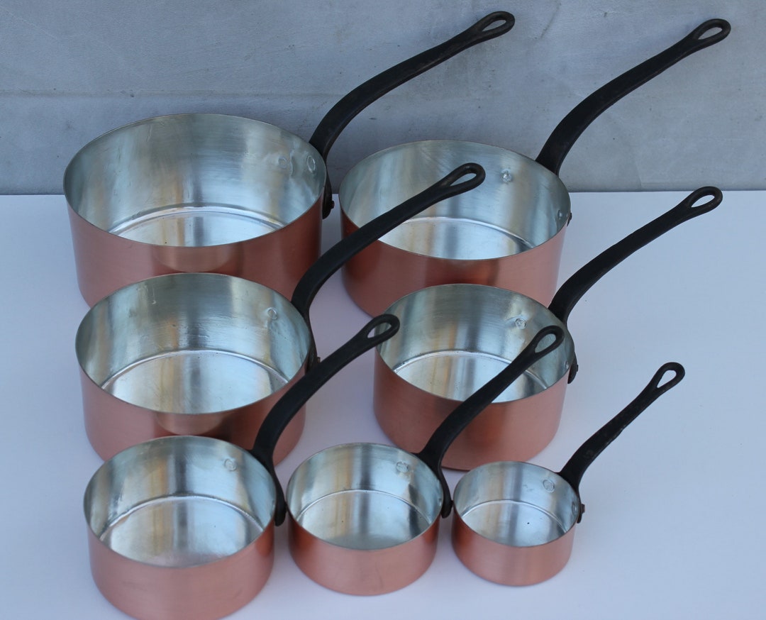 Vintage Copper Pans, Set of Seven Saucepans With Metal Handles, Rustic