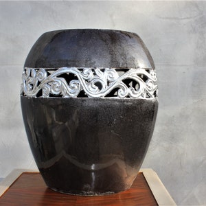 Vintage Hand Carved Black and Silver Terracotta Vase Ceramic pottery