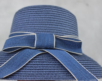 Vintage Navy Blue Straw Velvet Hat Studio Style Caspar Davis of Hollywood 1950\'s Vintage 1950s navy straw - Gem main image 3