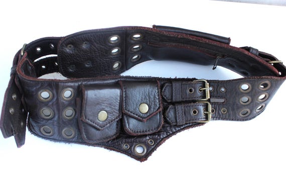 Vintage Brown Leather Utility Belt: Steampunk Brass Buckle Waist