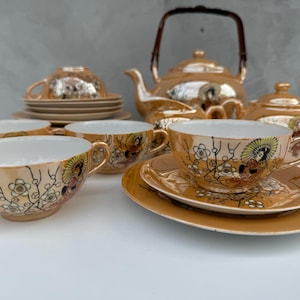 Vintage Finest Japan Porcelain Tea Set for 5 Persons Hand-Painted Geisha Design, Complete with Cups, Plates, Teapot, Sugar Bowl, Milk Jug