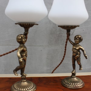 Pair of Vintage Brass Cherub Table Lamps with Frosted Glass Shades - Mid-Century Romantic Decor