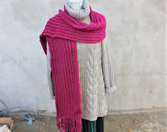 Warm, long, Pink hand knitted scarf for woman, Modern crochet scarf with fringe, unisex scarf, Fall and winter accessorie