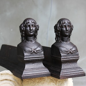 Vintage Cast Iron Fire Dogs, Victorian Fireplace Accessories, Primitive Molded Metal Hearth Supports, European Antique Firespace Decoration