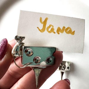 Porta biglietti da visita vintage in argento a forma di topo, decorazione da tavola in argento francese, elegante set di segnaposto per formaggio roditore, identificatore di ambientazione