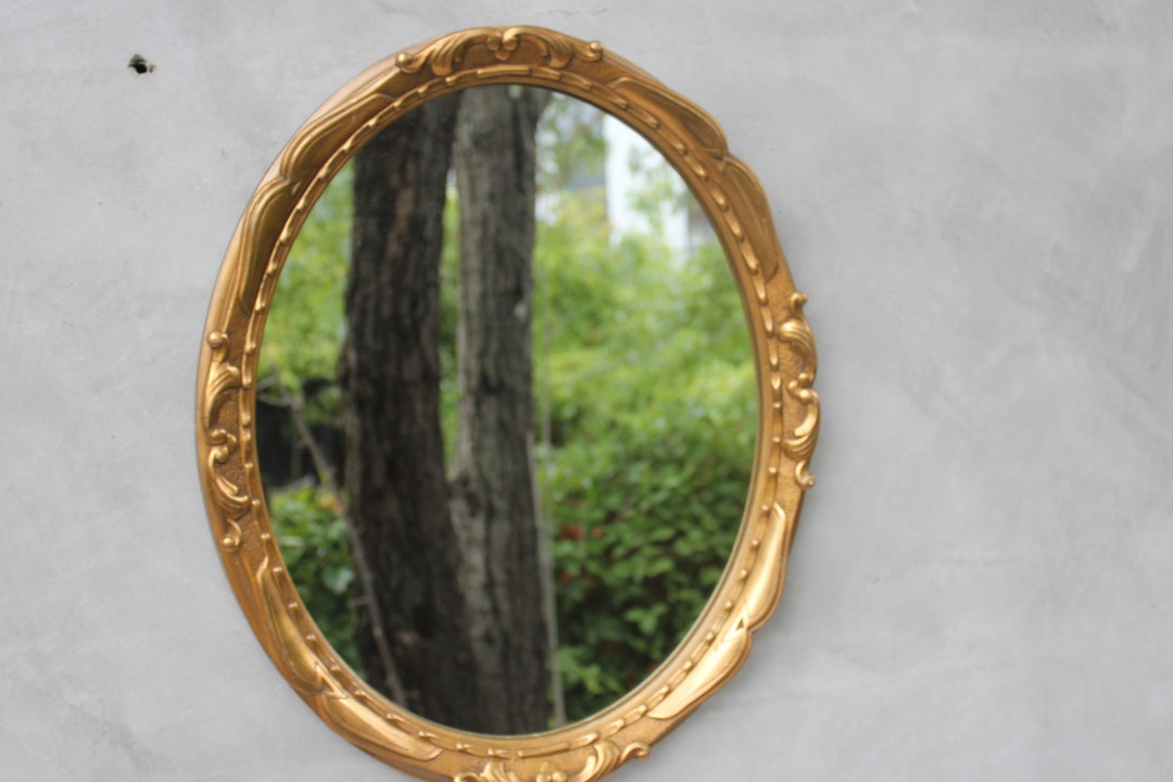 Vintage Oval Mirror Resin Ornate Frame Gold Gilt Bronze Baroque Solid