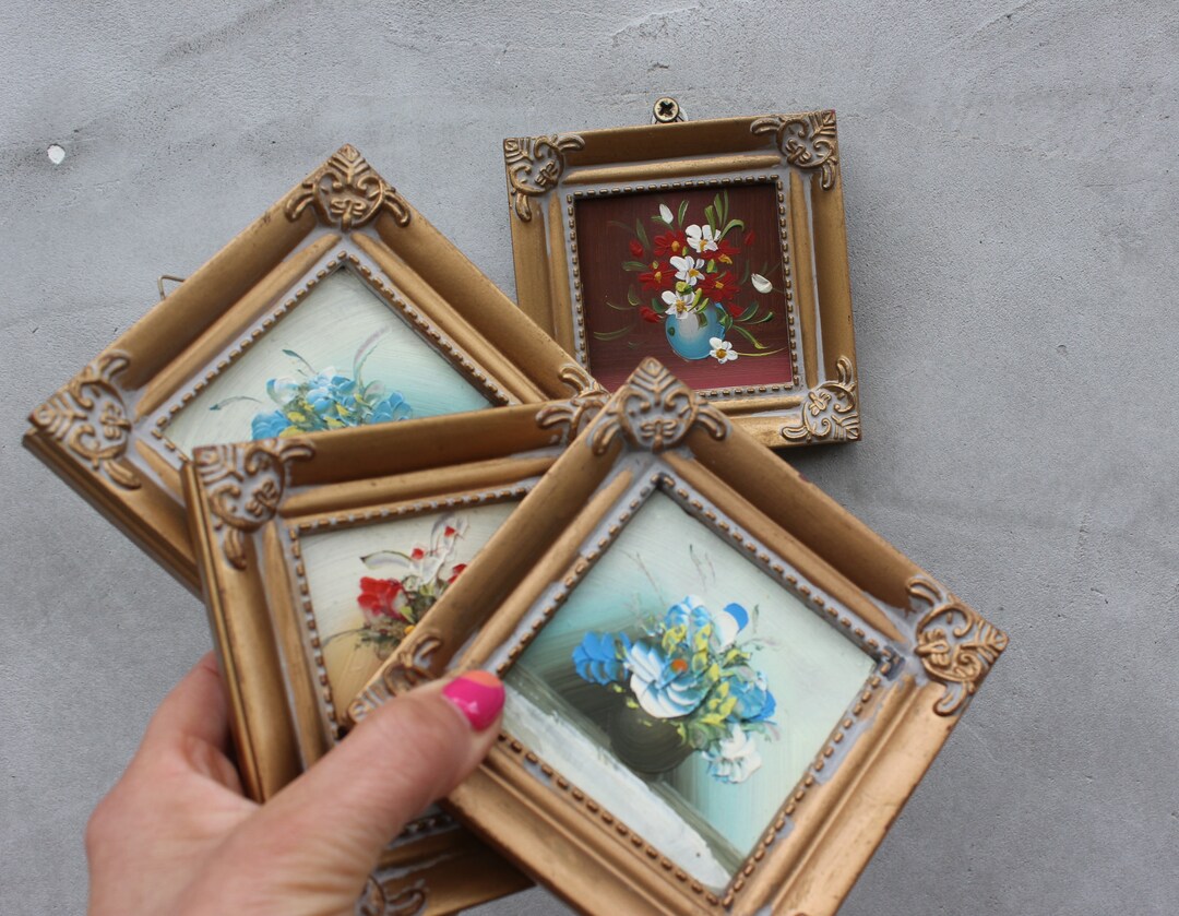 Set of Four Mini Oil Paintings Lovely Framed Flowers in Rich Ornate