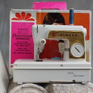 Vintage Sänger Spielzeug mit Fall Nähmaschine &quot;Golden Panoramic&quot; Made in France spielen, um Nähen zu lernen