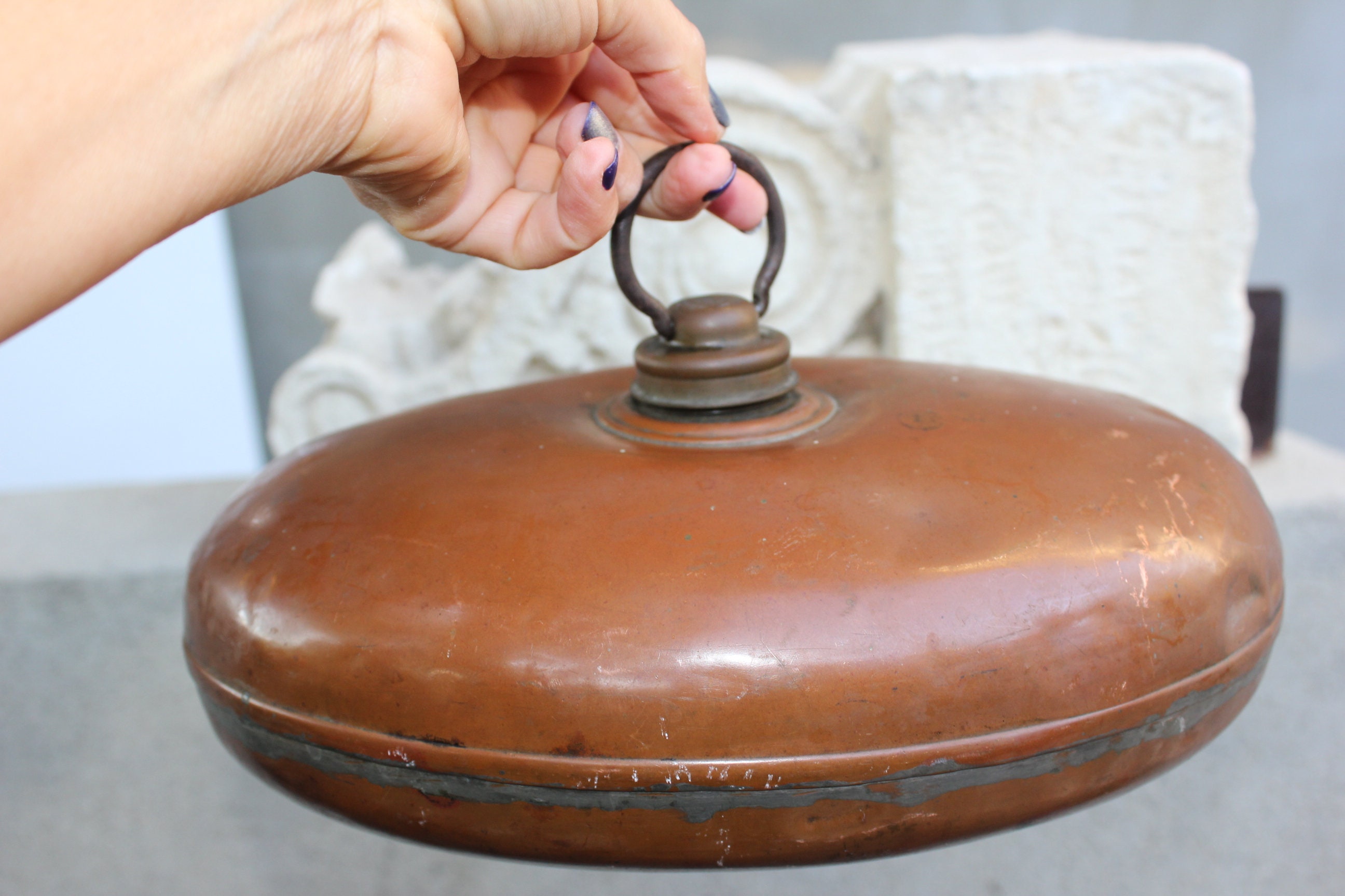 Antique Copper Bed Warmer Brass Oval Foot Warmer Pan Hot Water Etsy UK