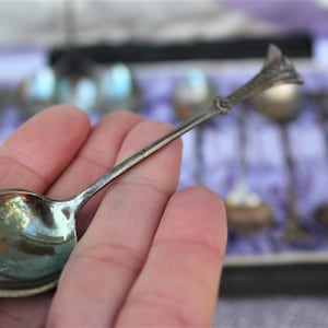 Full Set Silver Plated Coffee Spoons with Fine Handles In Box Art Nouveau Decoration Set of 12