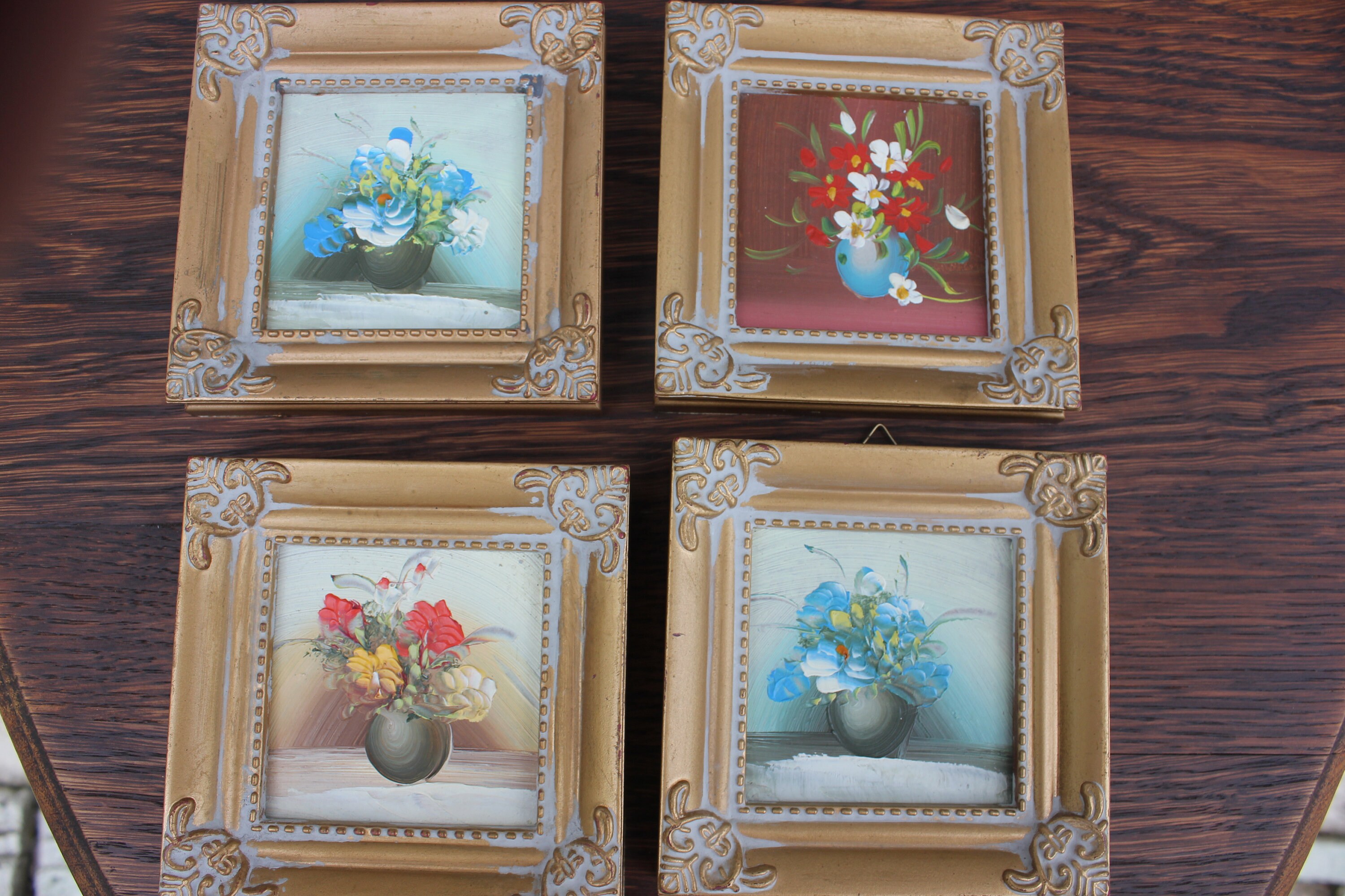 Set of Four Mini Oil Paintings Lovely Framed Flowers in Rich Etsy
