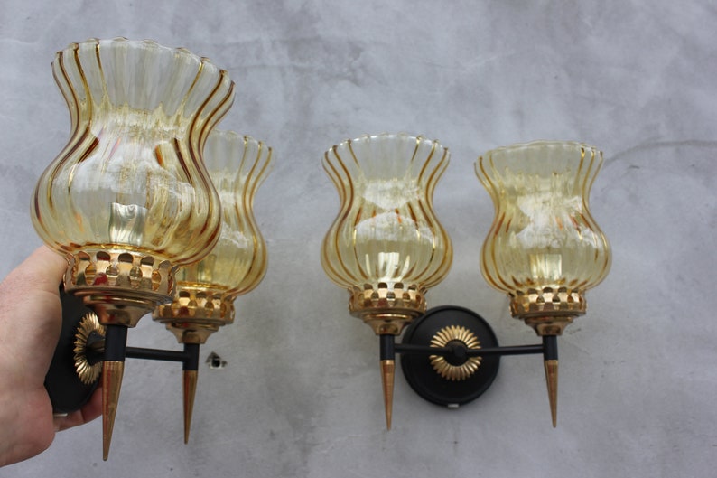 Vintage Set of Two Double Sconces Wall Lamps with Yellow Shades Mid century lighting