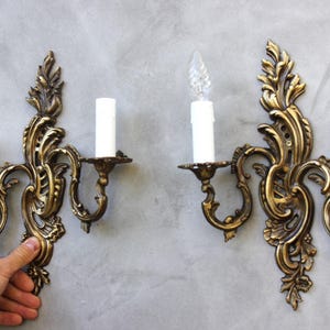 Vintage French Rococo Brass Wall Sconces - Pair of Ornate Candle Style Wall Lights - Antique Style Electric Wall Lamps