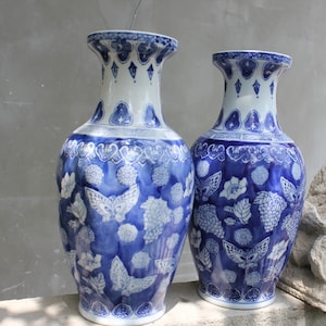 Two Large China Porcelain Vases Pair Blue and White Ceramic Pots Side Fireplace Mantel Decoration Gift for Wedding Couple
