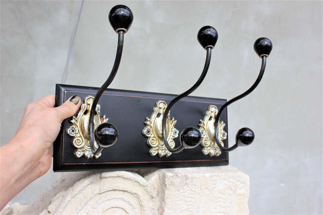 Vintage Wall Hanger Three Ceramic Hooks Black Coat Hanger Etsy