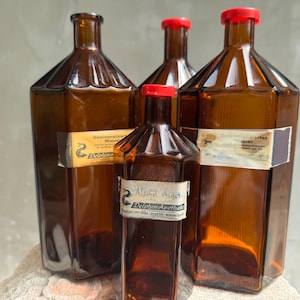 Vintage Amber Glass Apothecary Bottles Set – 4pcs, German Pharmacy Jars, Delphin-Apotheke,  Mid-Century Lab Decor