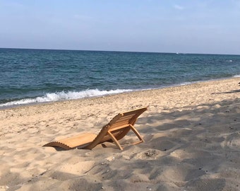 Folding Lounge Chair, Wooden Sun Lounge, Beach Bed, Outdoor Portable Teak Wood, Camping Furniture