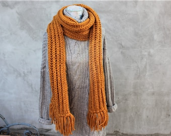 Écharpe tricotée à la main orange longue chaude pour femme, écharpe moderne de crochet, écharpe unisexe, accessoire d’automne et d’hiver