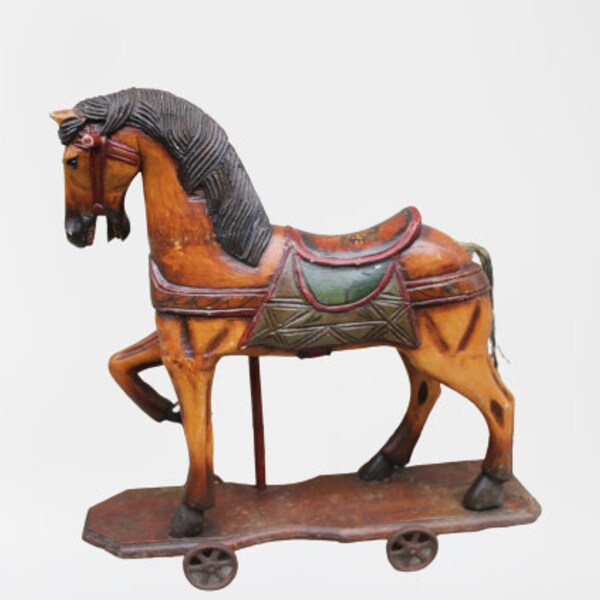 Large Wooden Horse Pull Toy on Wheels, Vintage Early 50's Display Movie or Photo Prop, Shop Window Dressing