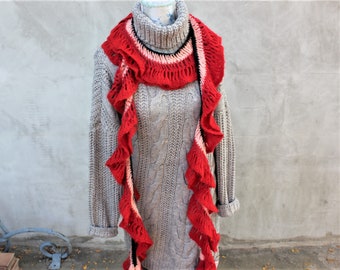 Vintage hand knitted scarf for woman, Red crochet scarf, chic long unisex scarf, Fall and winter scarf, Christmas gift