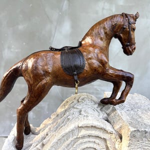 Vintage Leather Horse figurine Handcrafted Equestrian Decor Mid-Century Leather Wrapped Horse, Rustic Farmhouse Animal Statue