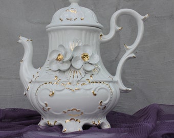 Vintage Porcelain Teapot White, Gold, Embossed Flowers Jug Unmarked Kitchen Decoration