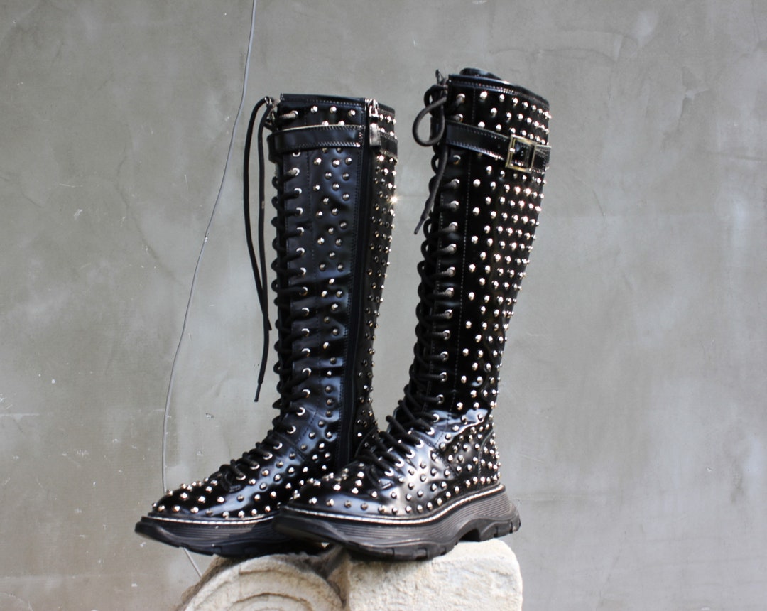 Alexander Mcqueen Studded Leather Knee-high Boots - EU 36 - Etsy